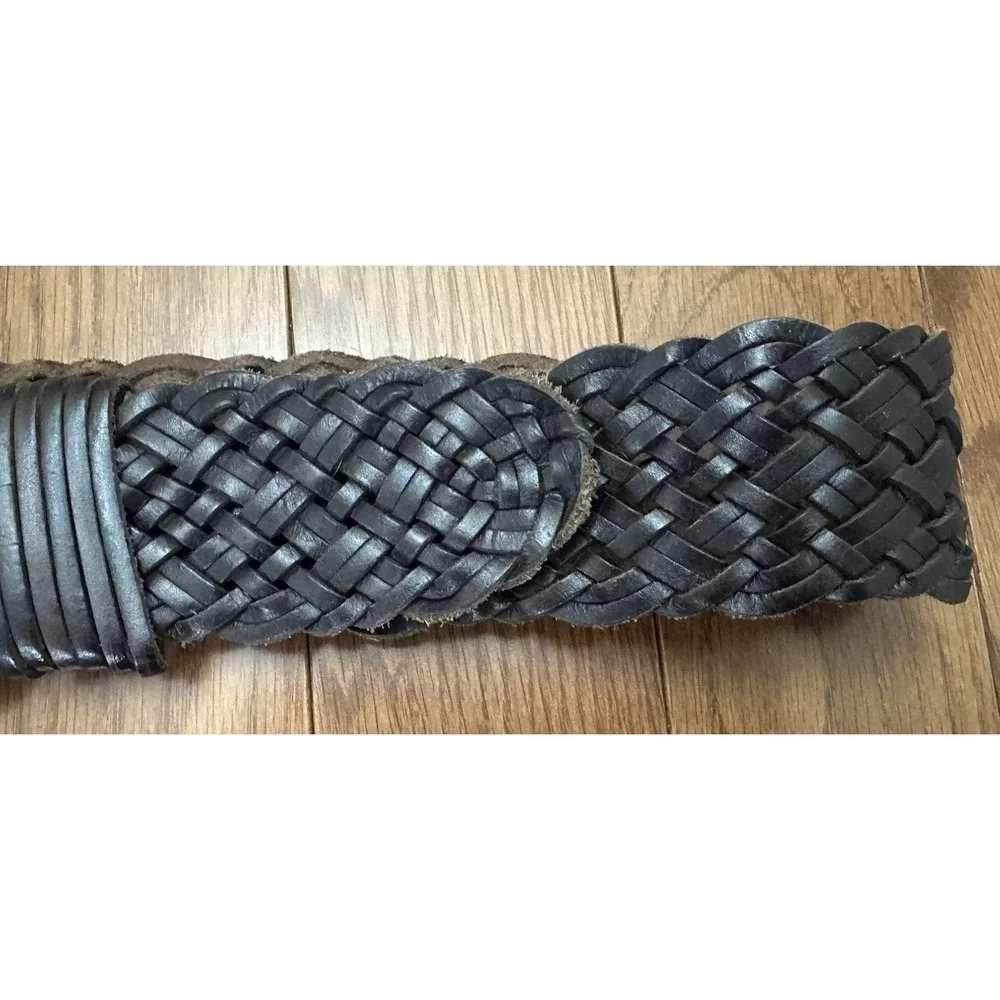 Vintage Genuine‎ Leather Braided Woven Belt Brown Wide Buckle Y2K Boho M/L